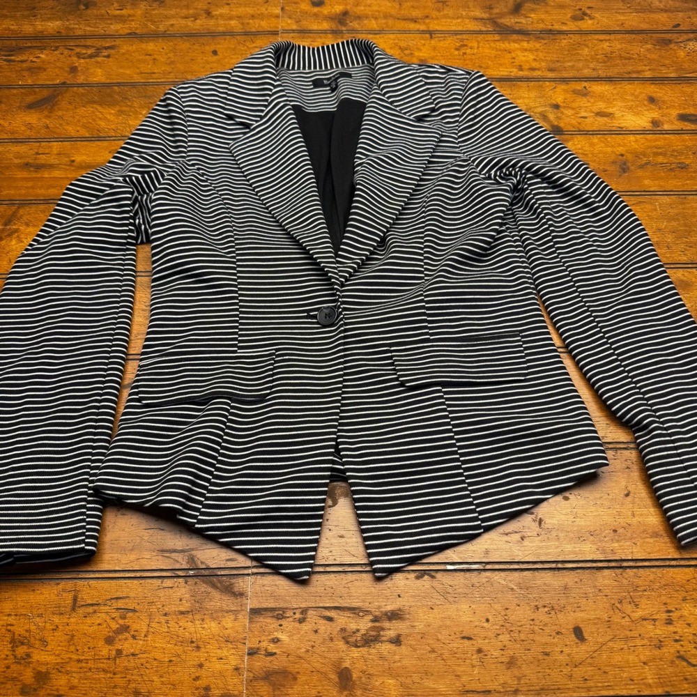 Monteau Womens Black White Striped Single Button Blazer Jacket Size M Medium